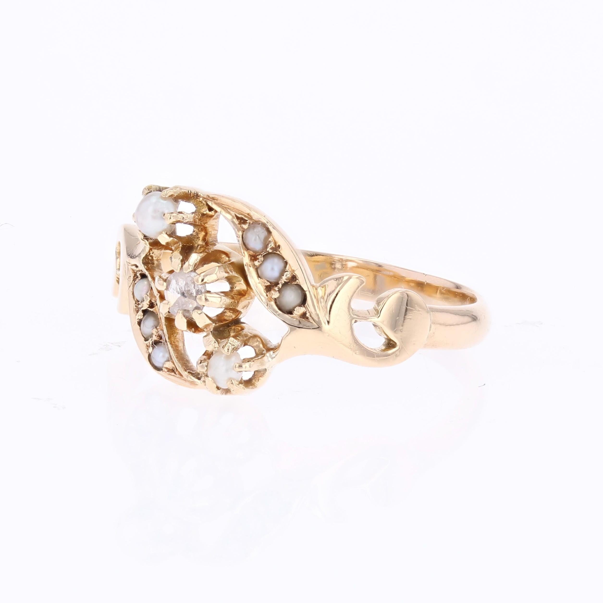 Bague française du 19ème siècle en or rose 18 carats, perles fines et diamants en vente 2