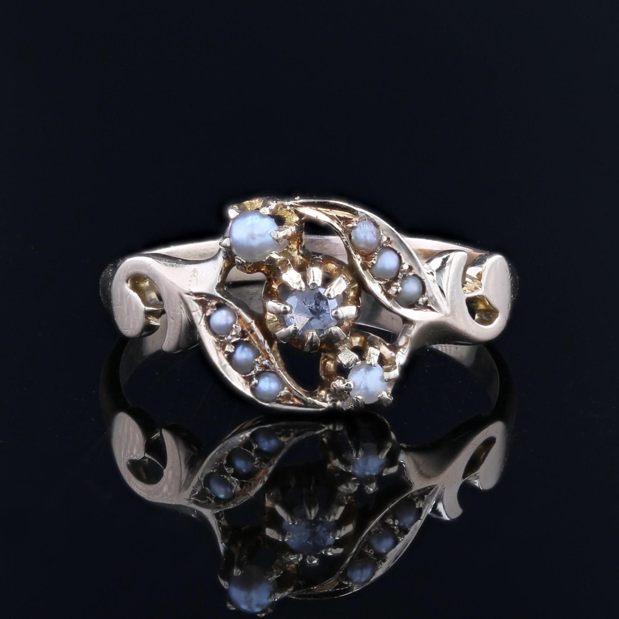 Bague française du 19ème siècle en or rose 18 carats, perles fines et diamants Bon état - En vente à Poitiers, FR