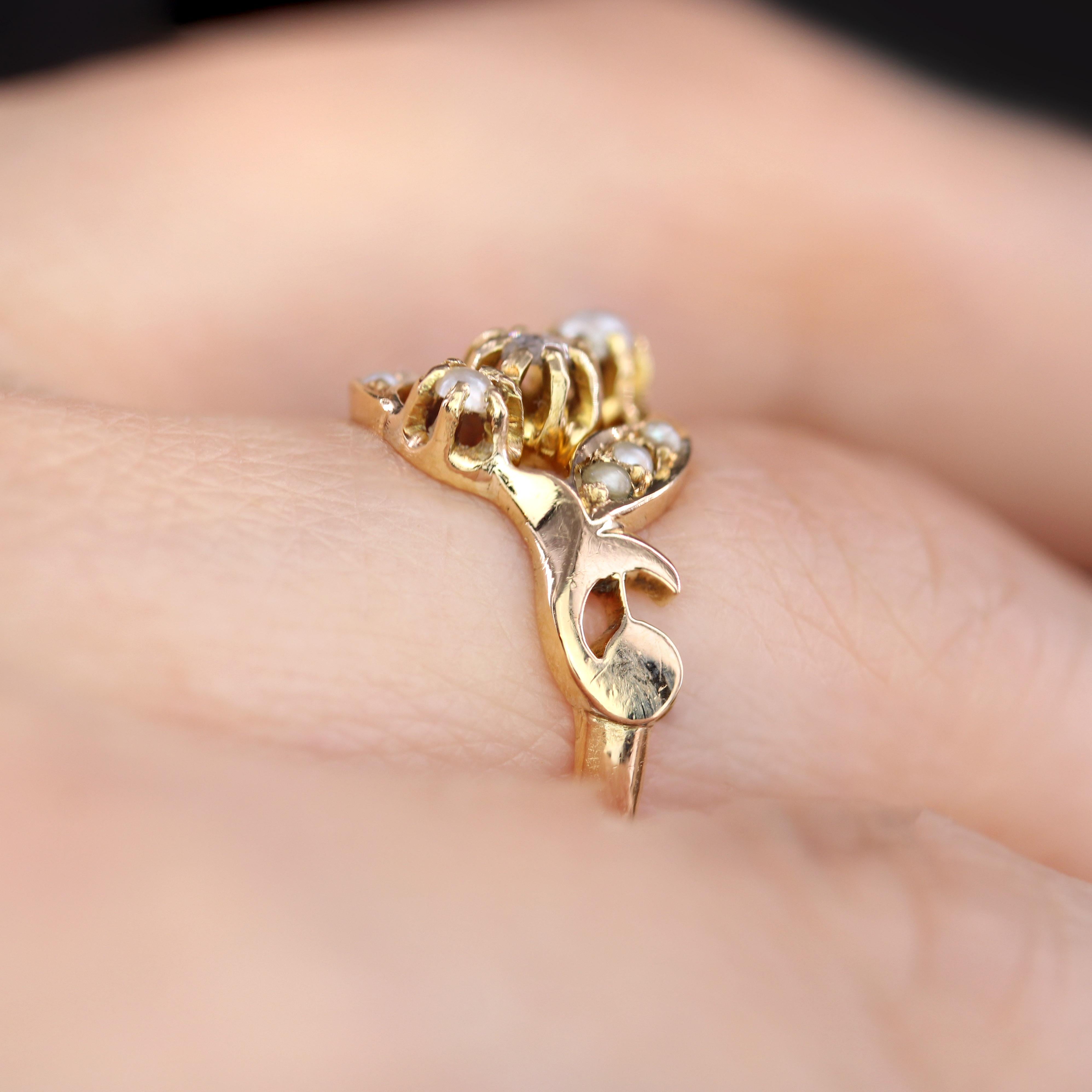 Bague française du 19ème siècle en or rose 18 carats, perles fines et diamants en vente 6