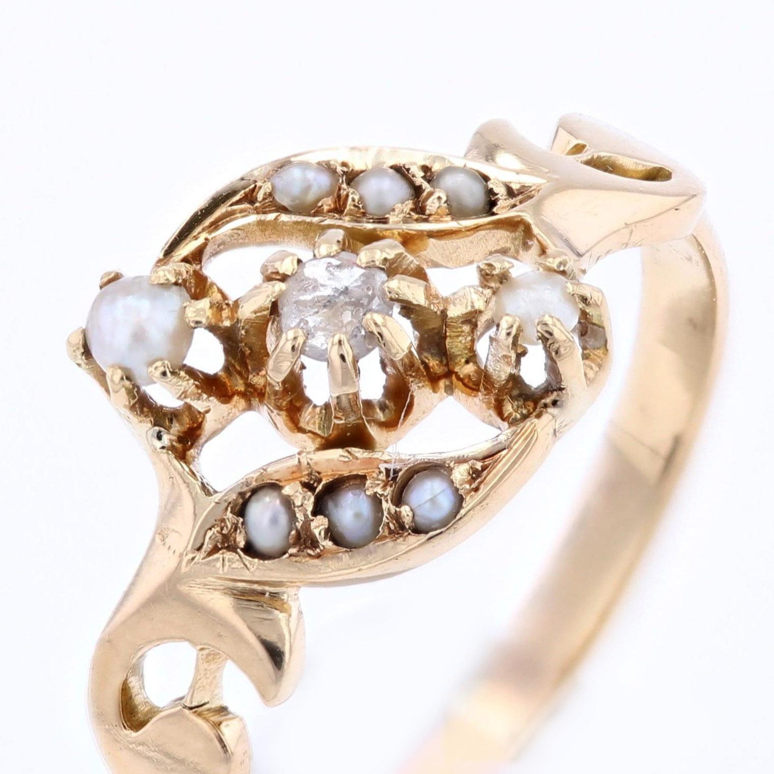 Bague française du 19ème siècle en or rose 18 carats, perles fines et diamants en vente 3