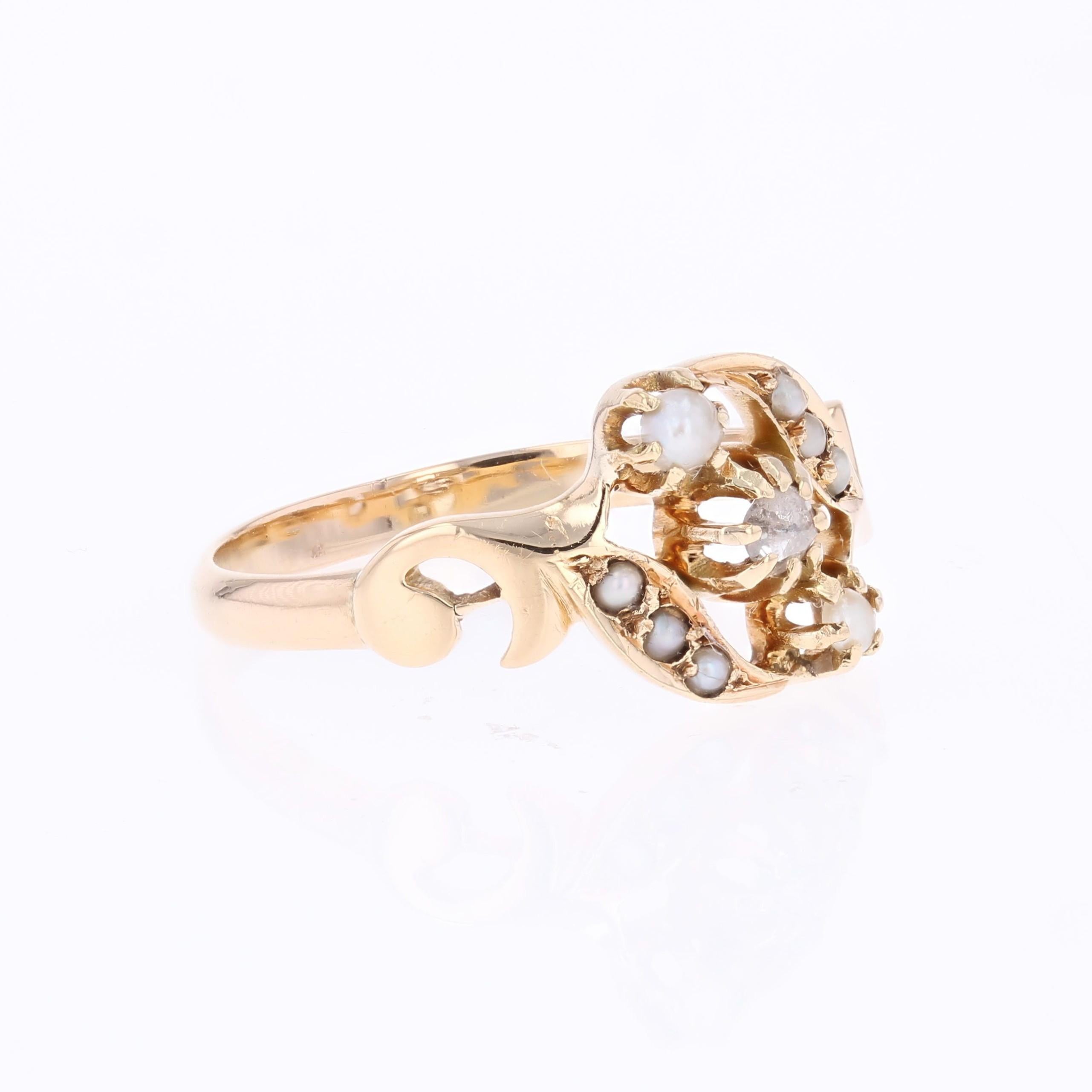 Bague française du 19ème siècle en or rose 18 carats, perles fines et diamants en vente 5