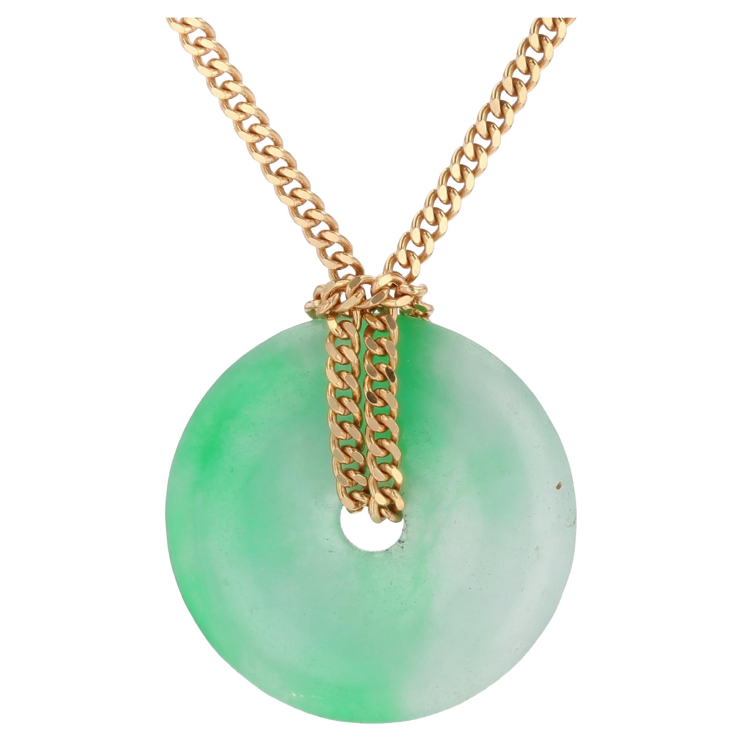 Chaîne collier moderne d'occasion en or jaune 18 carats avec disques de jade en vente