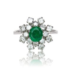French 1970s Emerald Diamonds 18 Karat White Gold Cocktail Ring