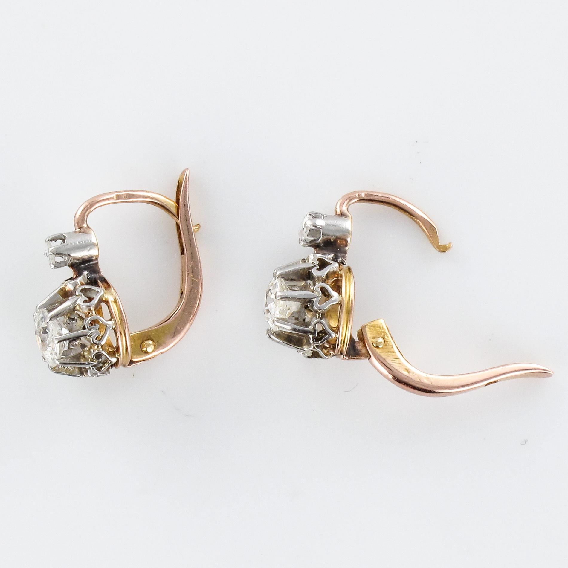 Boucles d'oreilles à levier en or rose 18 carats et diamants du 19e siècle en vente 3