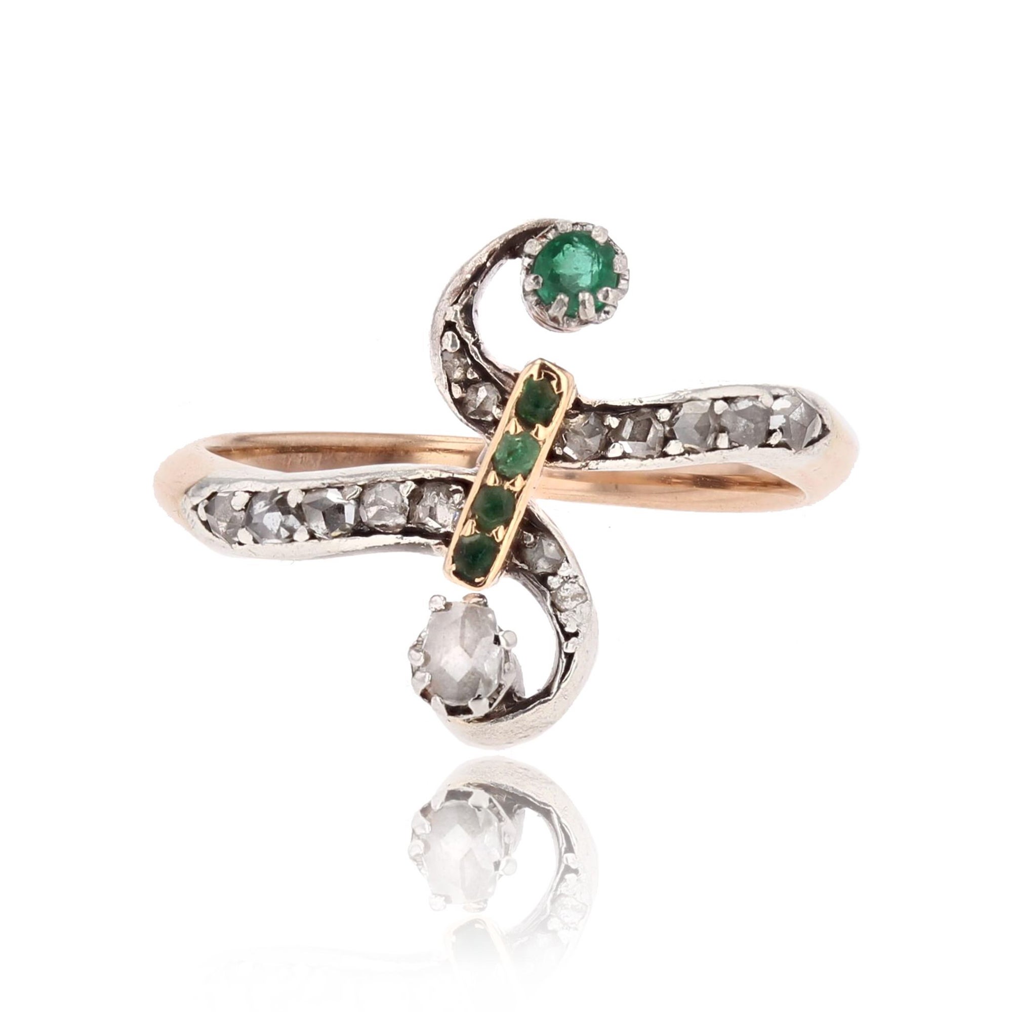 19th Century Emerald Diamond 18 Karat Rose Gold You and Me Ring For Sale