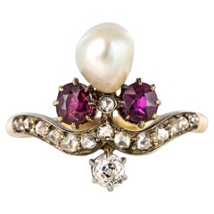 French Napoleon III Natural Pearl Ruby Diamond Duchess Ring