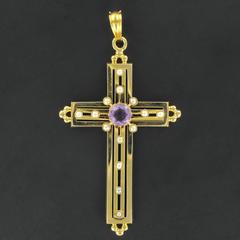 French 1900s Antique Yellow Gold Natural Pearl Amethyst Cross