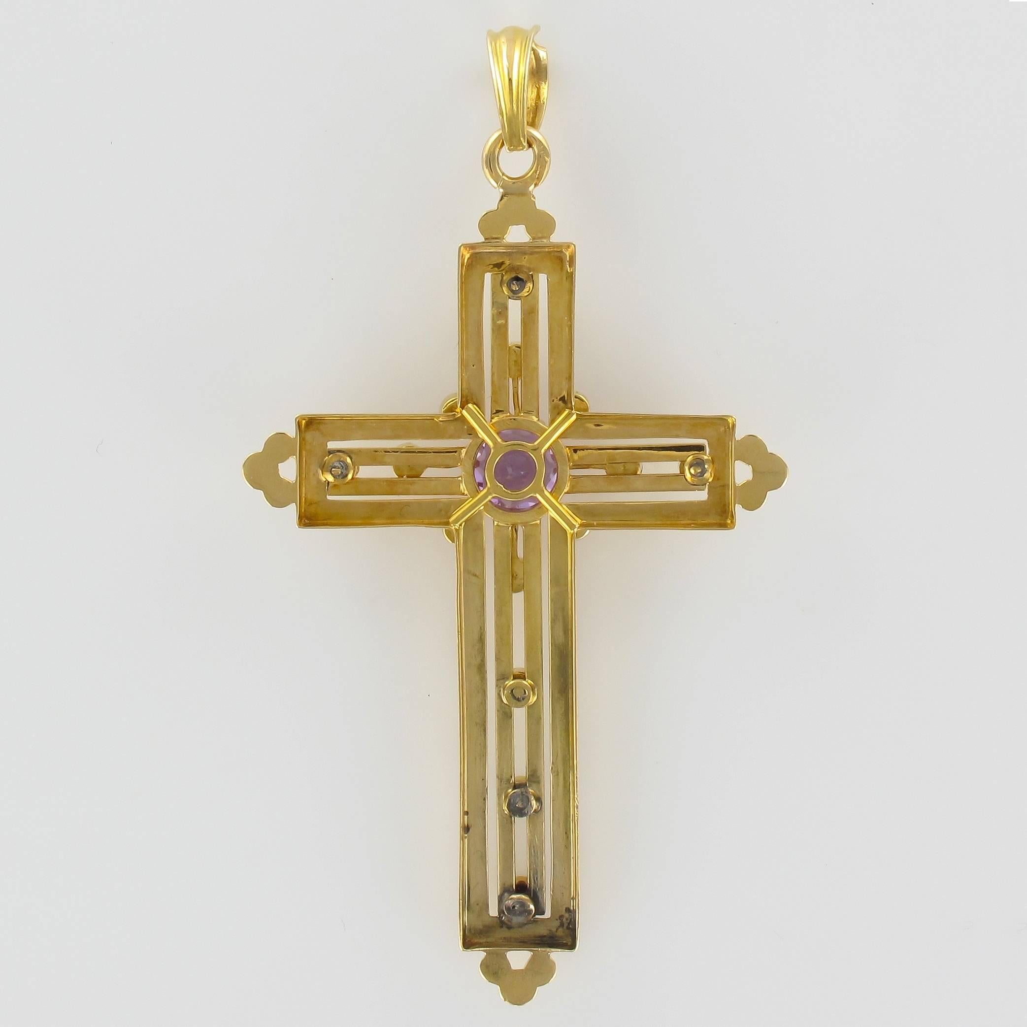Art Nouveau French 1900s Antique Yellow Gold Natural Pearl Amethyst Cross