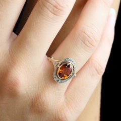 French 20th Century Spessartite Garnet Diamonds 18 K Yellow Gold Platinum Ring