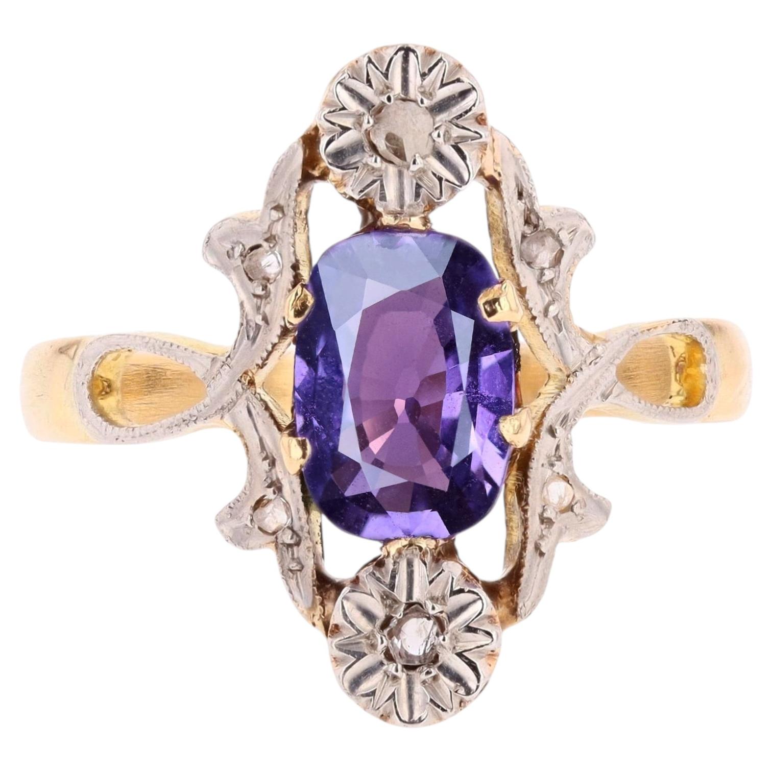 French 20th Century Purple Sapphire Diamonds 18 Karat Yellow Gold Platinum Ring For Sale