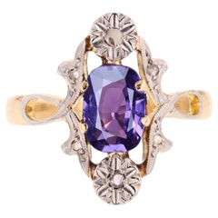 French 20th Century Purple Sapphire Diamonds 18 Karat Yellow Gold Platinum Ring