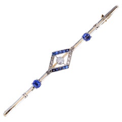 French 1930s Sapphire Diamonds 18 Karat Yellow Gold Barrette Brooch