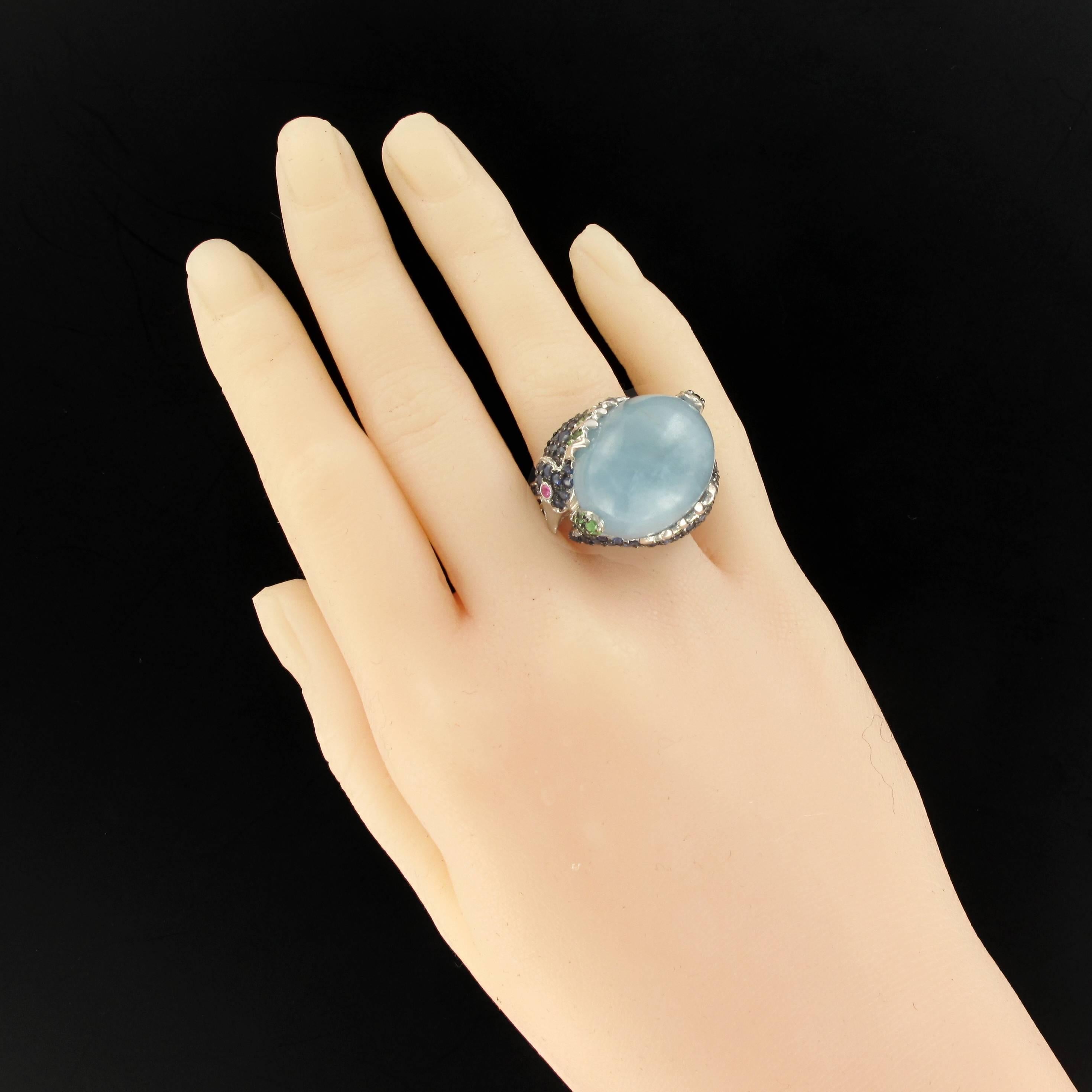 Aquamarine Cabochon Precious Stone Silver Cocktail Ring In New Condition In Poitiers, FR