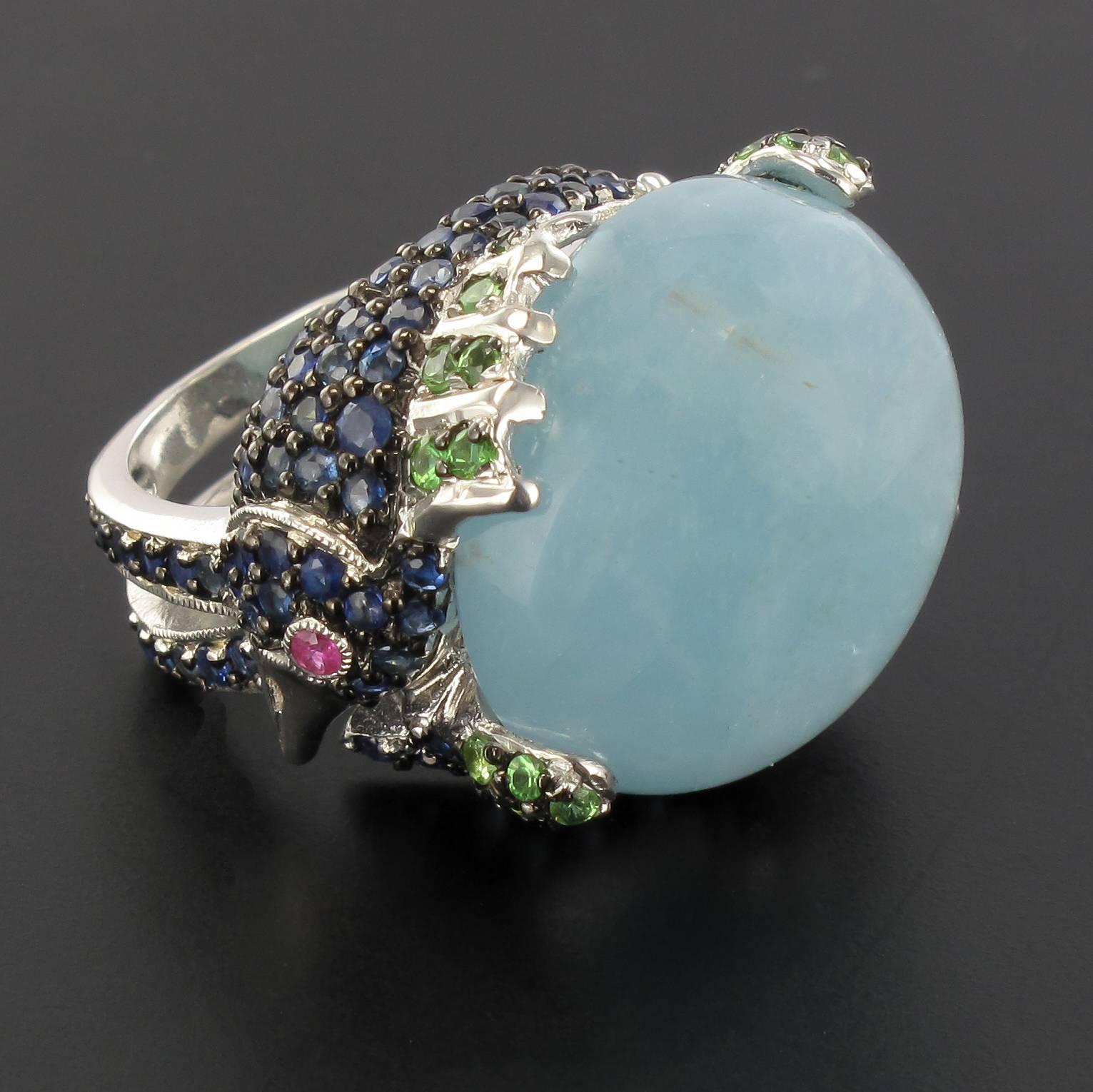 Aquamarine Cabochon Precious Stone Silver Cocktail Ring 1