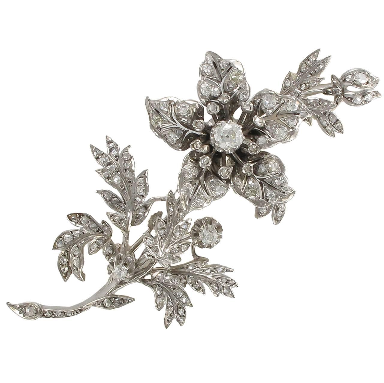 French 19th Century Flower Diamond White Gold Silver "Trembleuse" Brooch