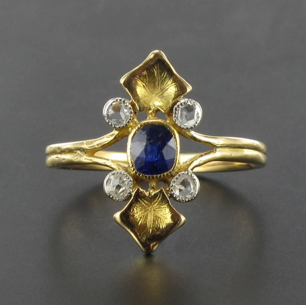 Women's French 1890s Art Nouveau Sapphire and Diamond Ring