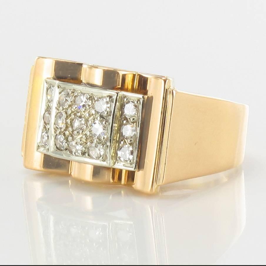 French 1950s Tank Diamond 18 Carat Yellow Gold Retro Ring In Excellent Condition In Poitiers, FR