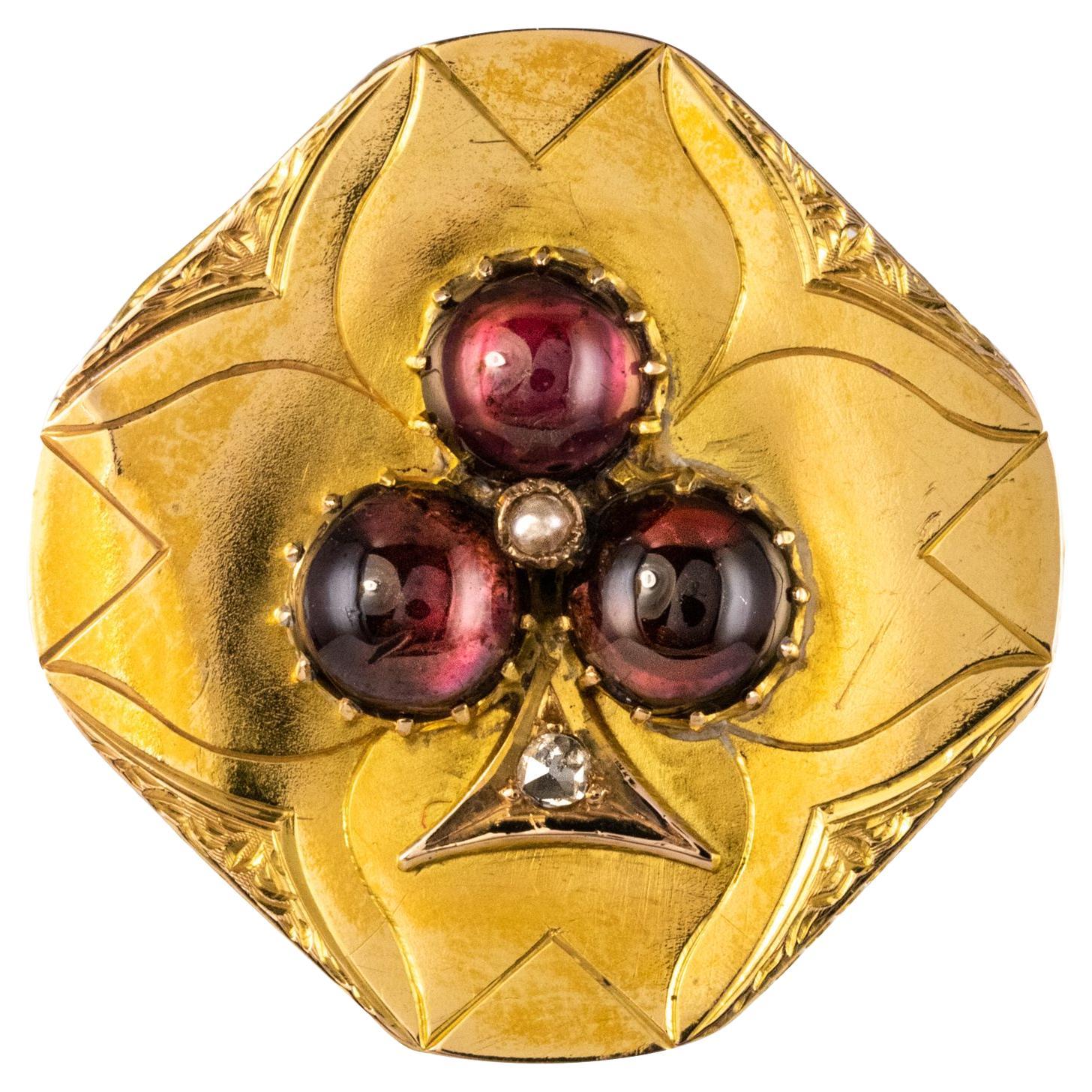 French Napoleon III Garnet Diamond Natural Pearl Yellow Gold Clover Brooch For Sale