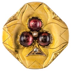 French Napoleon III Garnet Diamond Natural Pearl Yellow Gold Clover Brooch