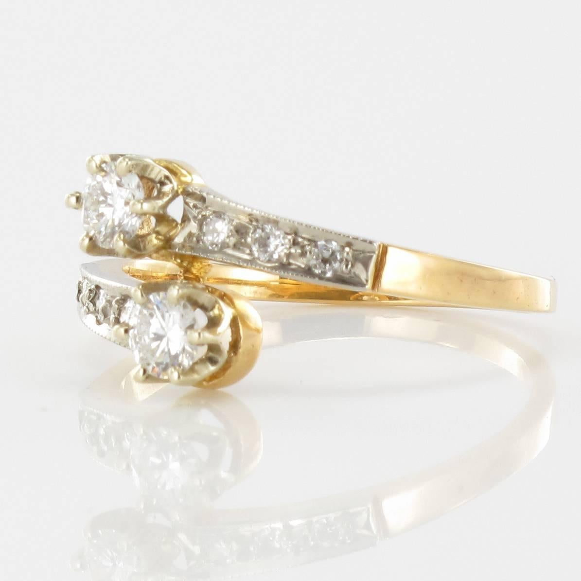 Modern French Diamond 18 Carat Yellow Gold Platinium Toi et Moi Engagement Ring