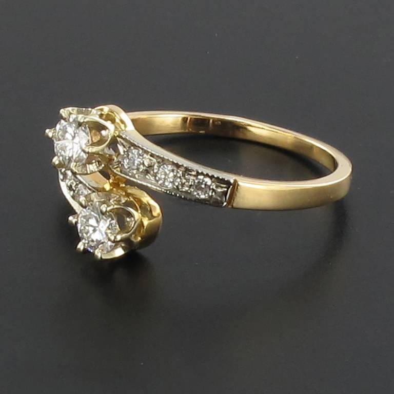 French Diamond 18 Carat Yellow Gold Platinium Toi et Moi Engagement