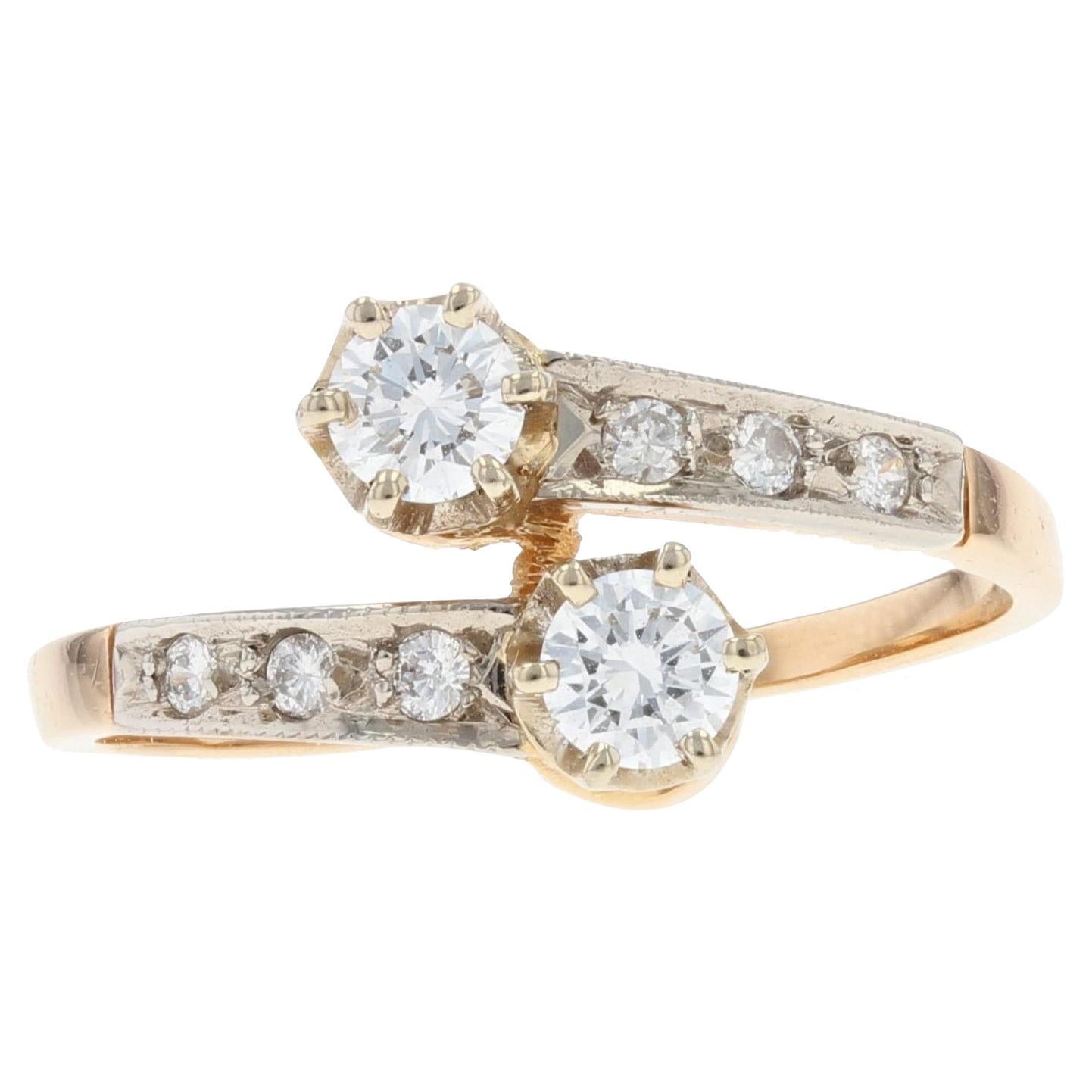 French Diamond 18 Carat Yellow Gold Platinium Toi et Moi Engagement Ring