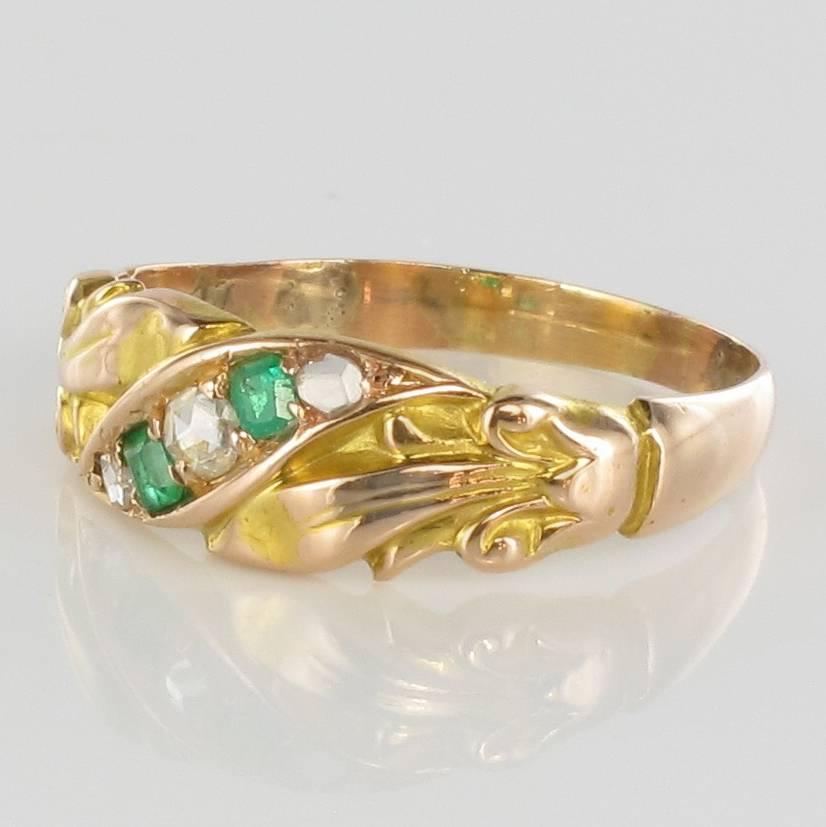Napoleon III 1850s 18 Carat Rose Yellow Gold Diamond Emerald Fleur de Lys Band Ring