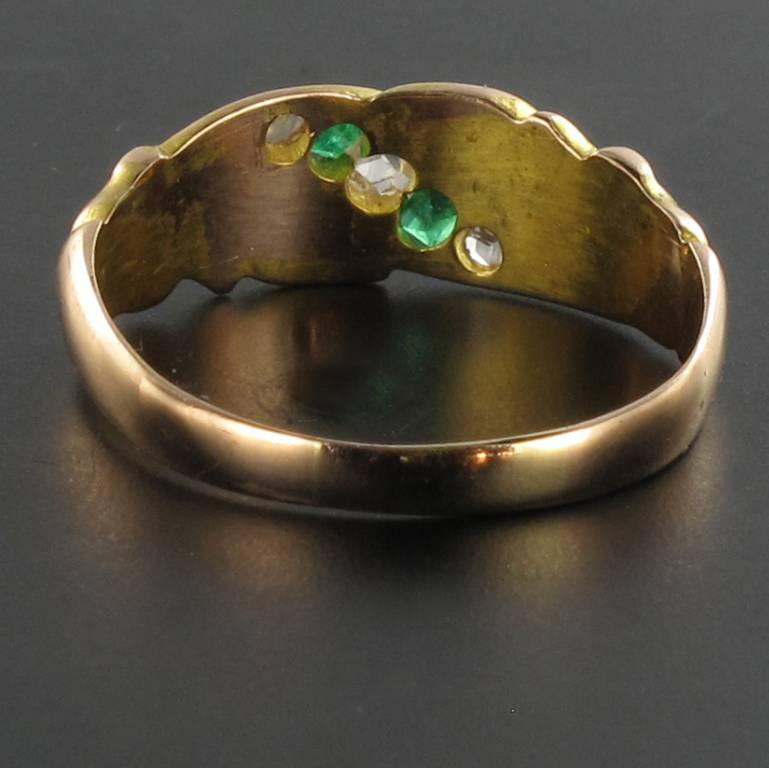 Women's 1850s 18 Carat Rose Yellow Gold Diamond Emerald Fleur de Lys Band Ring