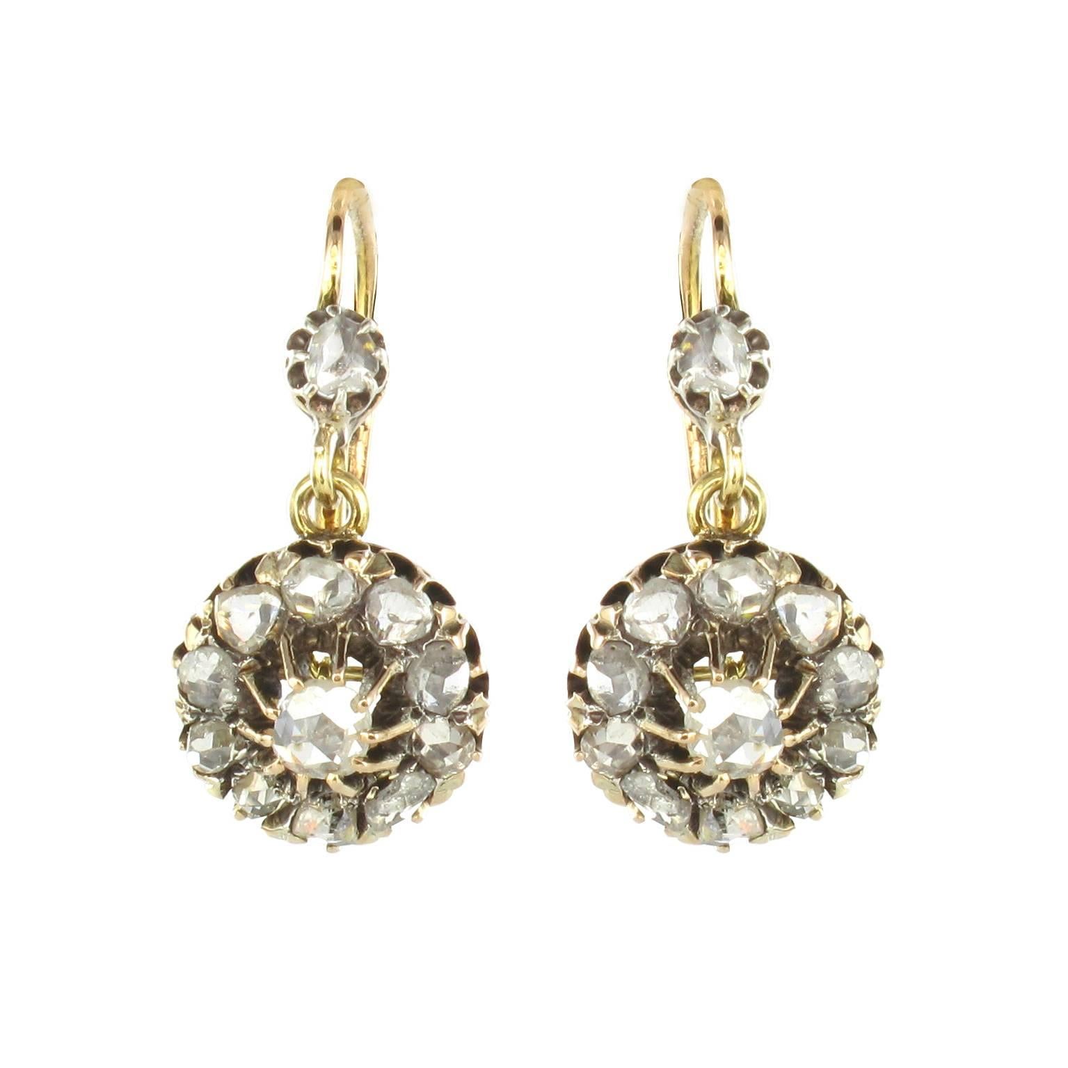 French Napoleon 3 1850s 18 Carat Rose Gold Diamond Drop Earrings