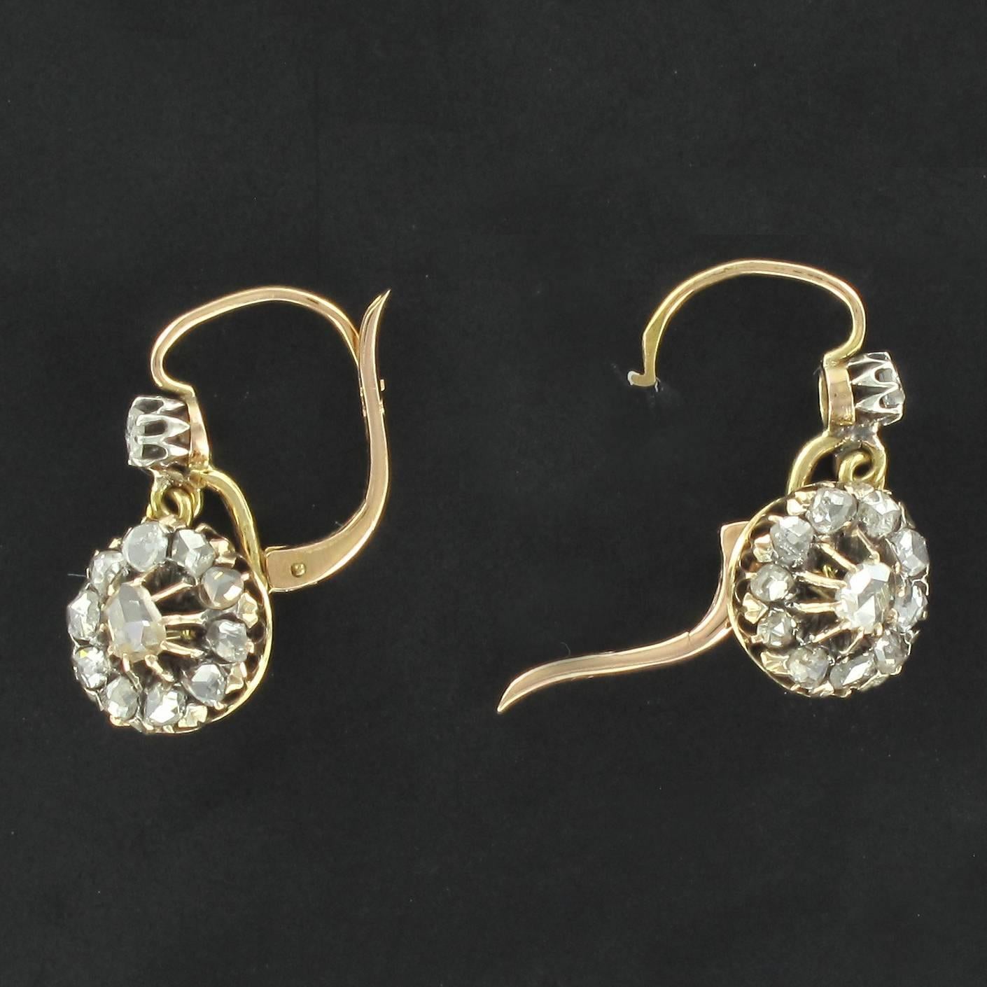 French Napoleon 3 1850s 18 Carat Rose Gold Diamond Drop Earrings In Excellent Condition In Poitiers, FR