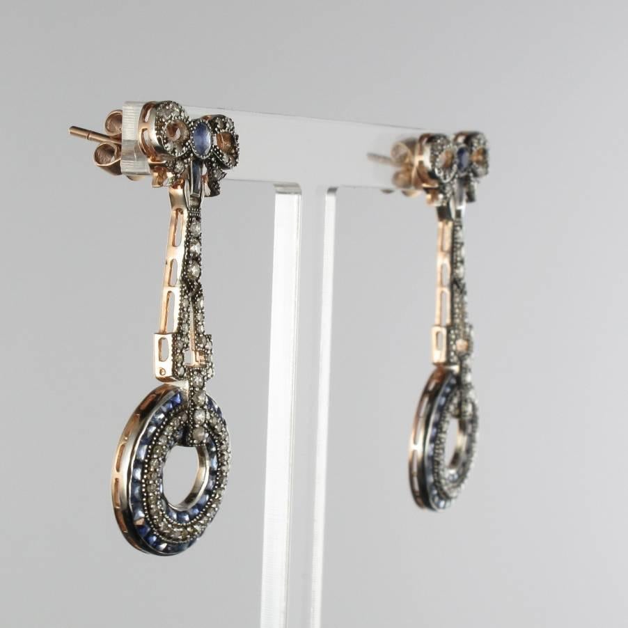 Art Deco Style Vermeil Diamond Sapphire Dangle Earrings In New Condition In Poitiers, FR