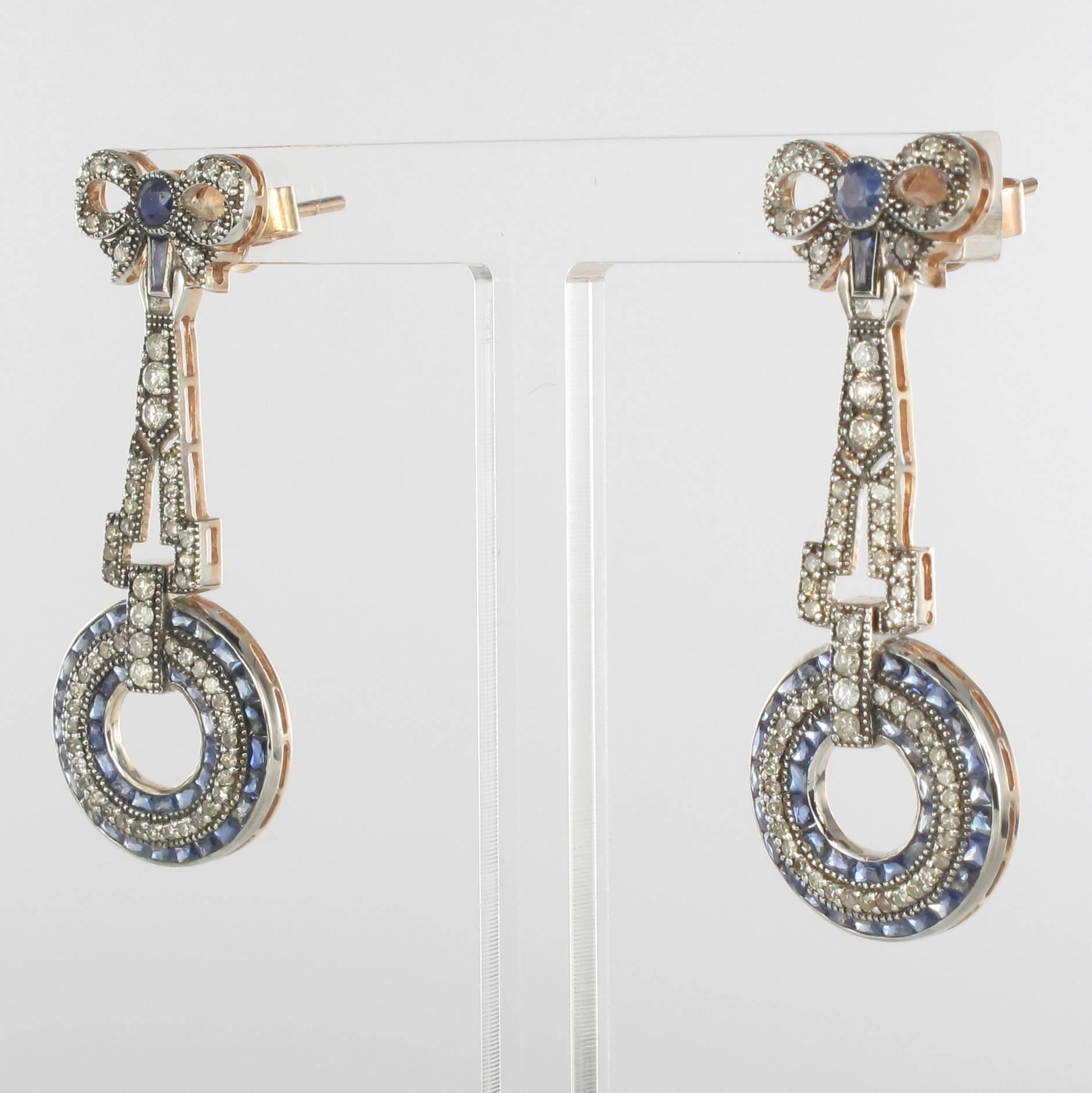 Women's Art Deco Style Vermeil Diamond Sapphire Dangle Earrings
