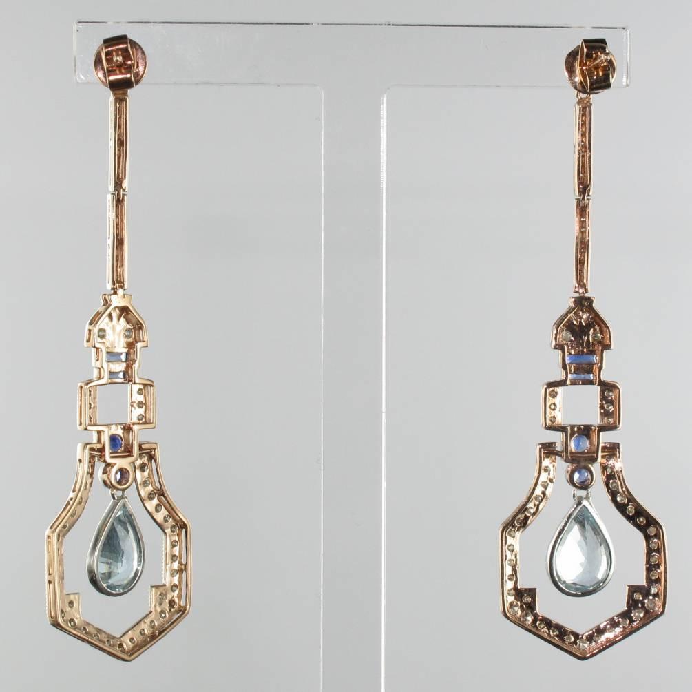 Art Deco Style Vermeil Diamond Sapphire Aquamarine Diamond Long Dangle Earrings 1