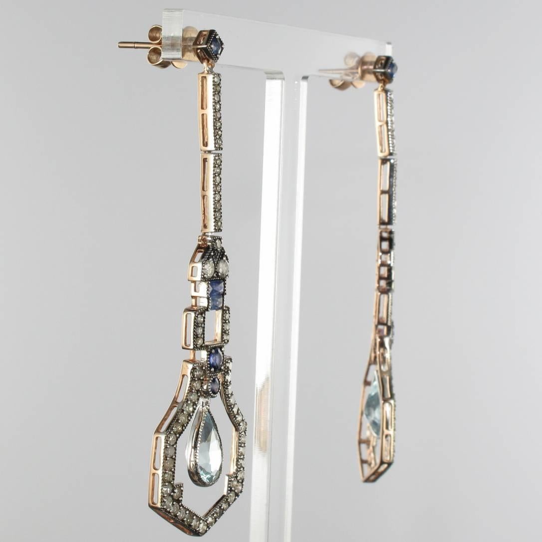 Art Deco Style Vermeil Diamond Sapphire Aquamarine Diamond Long Dangle Earrings 2