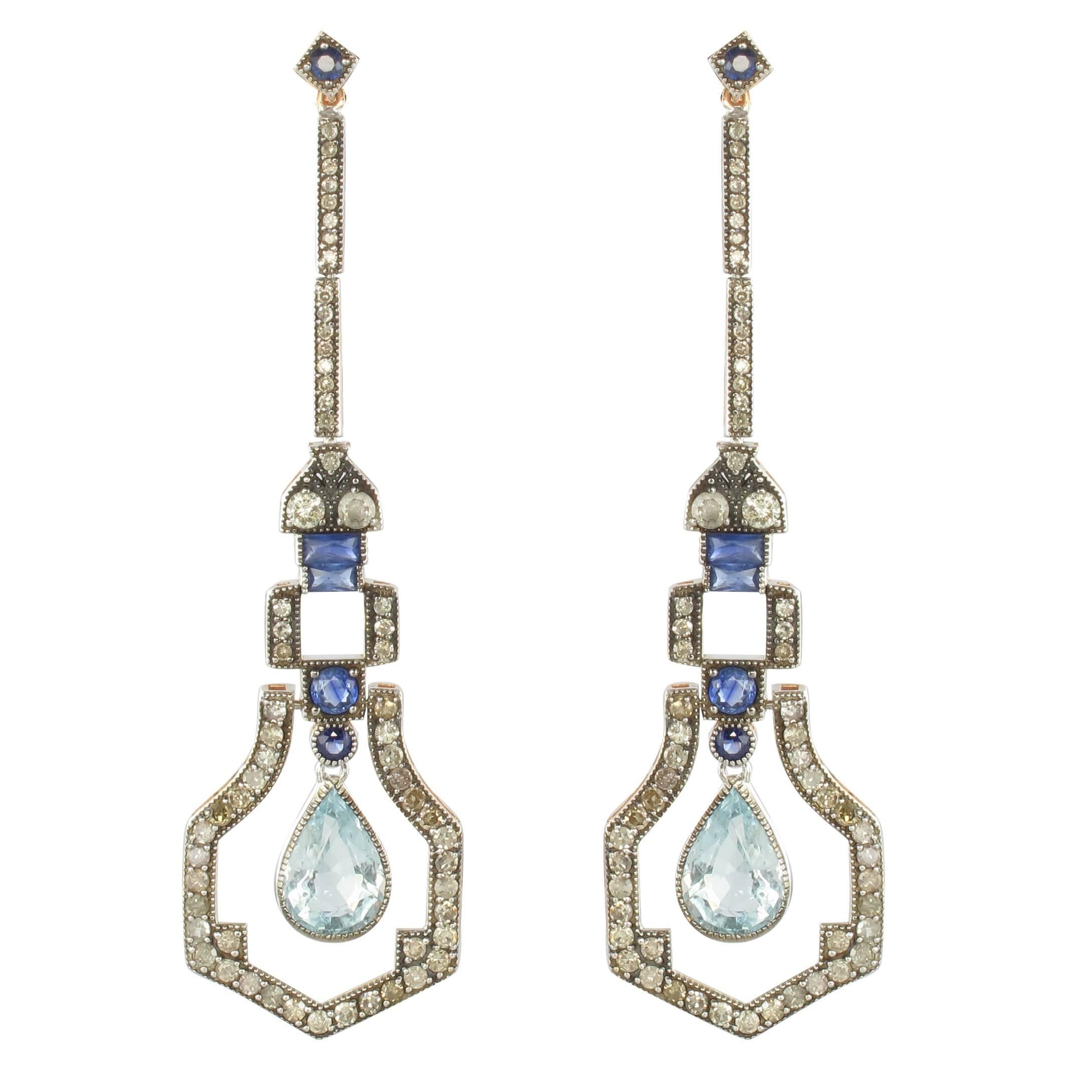 Art Deco Style Vermeil Diamond Sapphire Aquamarine Diamond Long Dangle Earrings