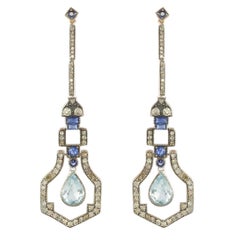 Art Deco Style Vermeil Diamond Sapphire Aquamarine Diamond Long Dangle Earrings