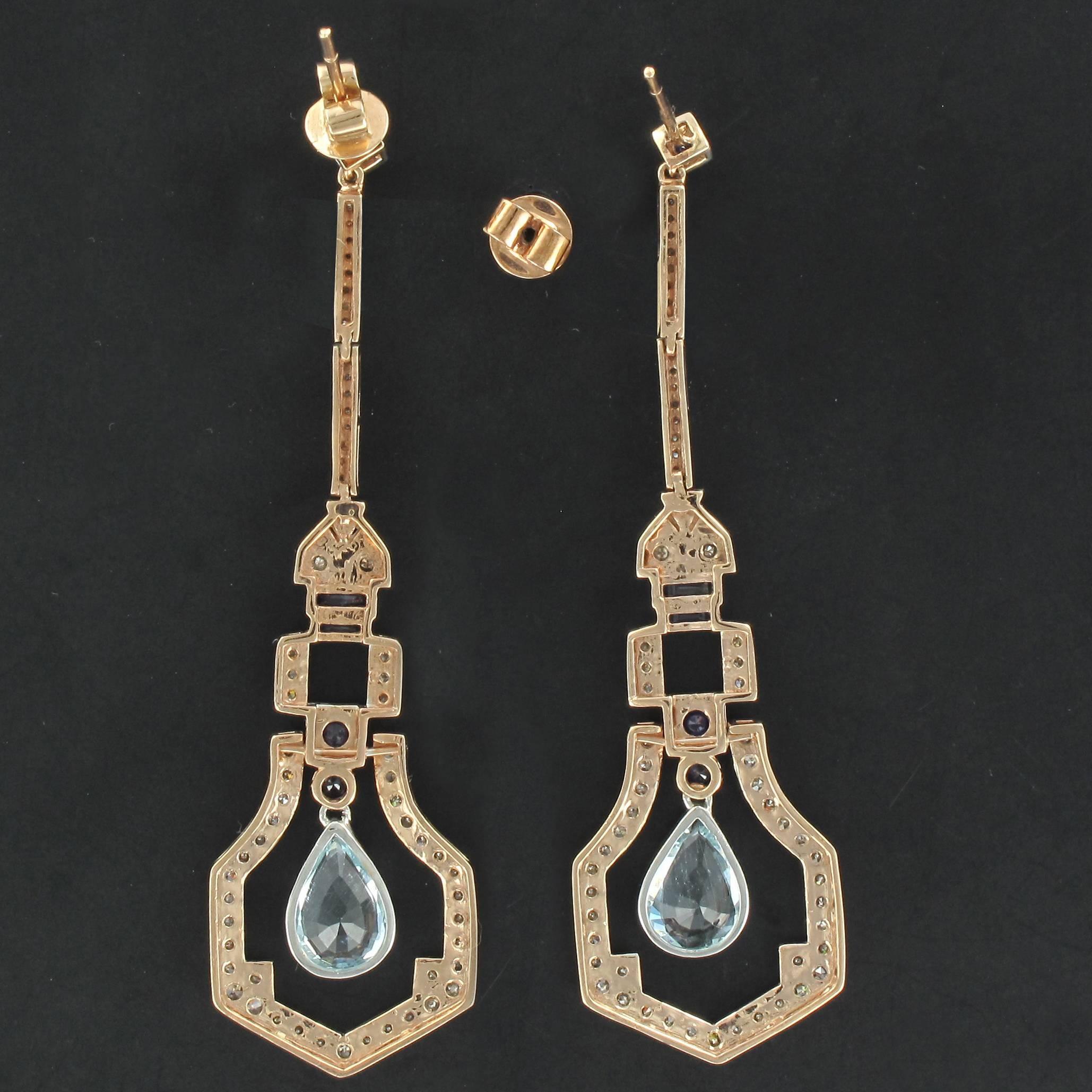 Women's Art Deco Style Vermeil Diamond Sapphire Aquamarine Diamond Long Dangle Earrings