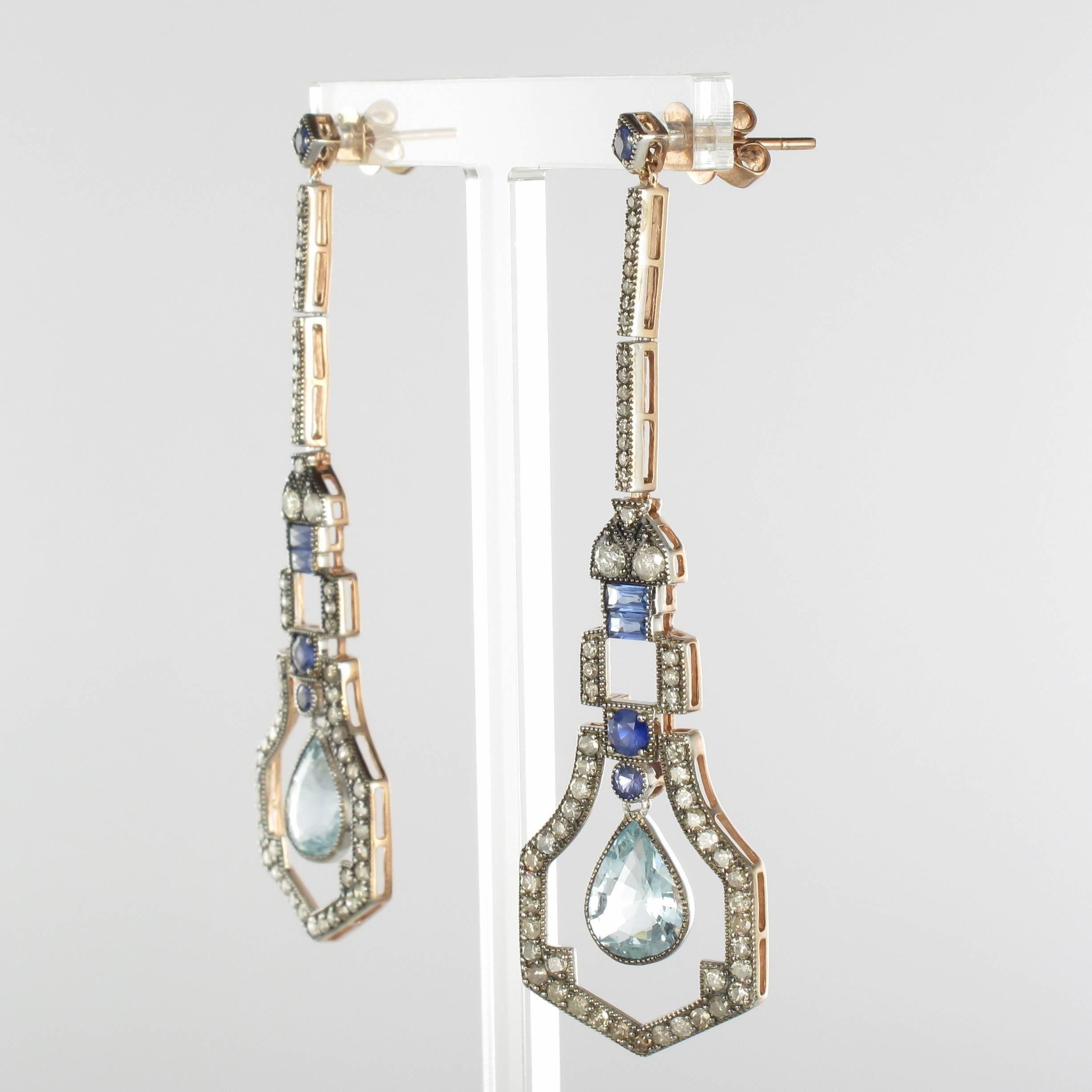 Art Deco Style Vermeil Diamond Sapphire Aquamarine Diamond Long Dangle Earrings In New Condition In Poitiers, FR