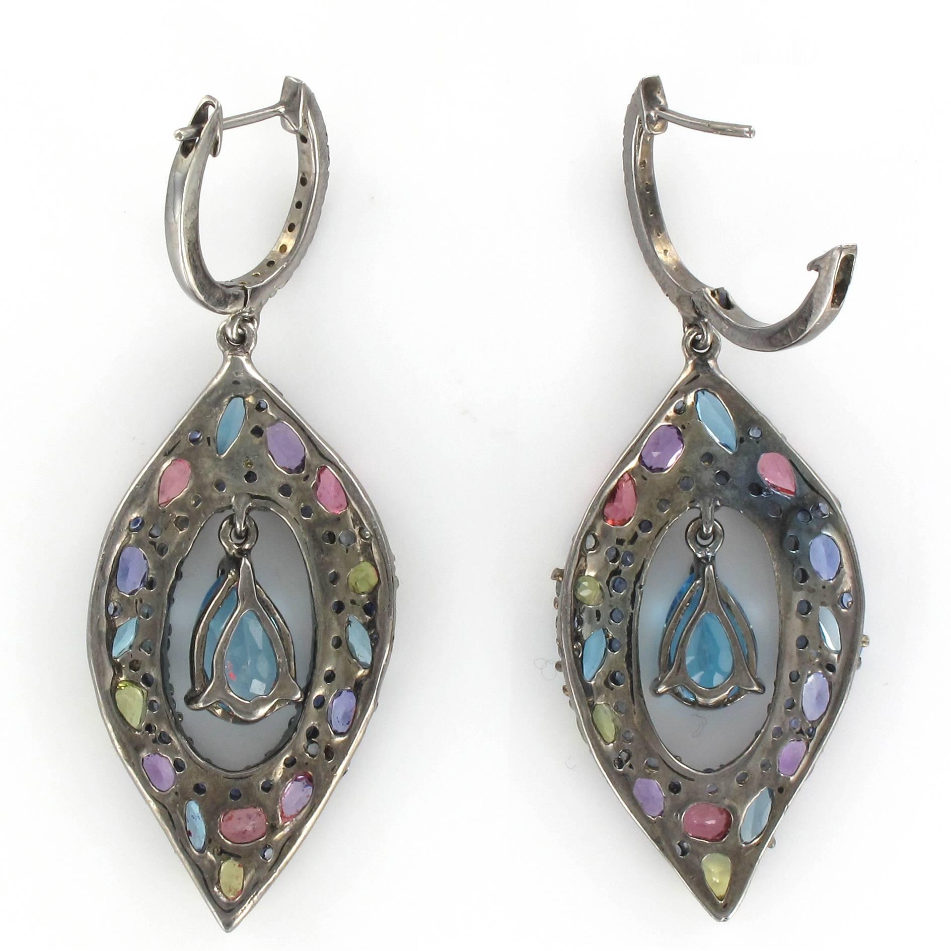 Women's Modern Tanzanite Topaz Sapphires Amethysts Blackened Silver Dangle Earrings
