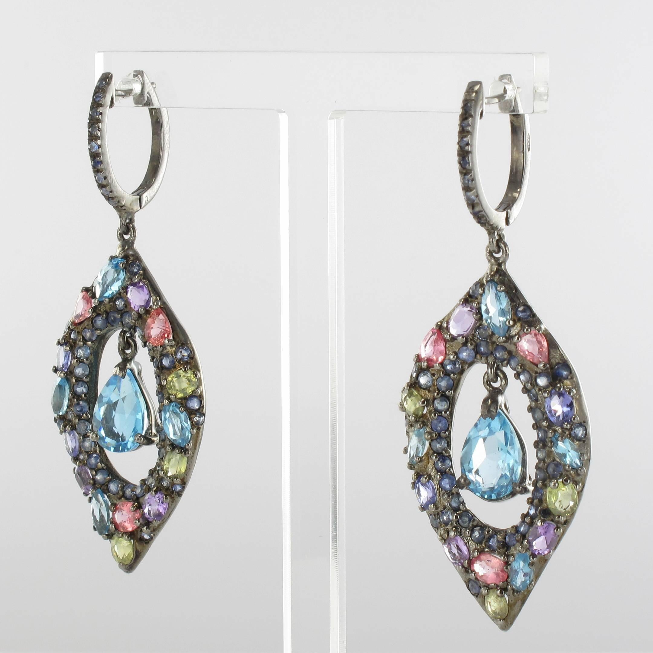 Modern Tanzanite Topaz Sapphires Amethysts Blackened Silver Dangle Earrings In New Condition In Poitiers, FR