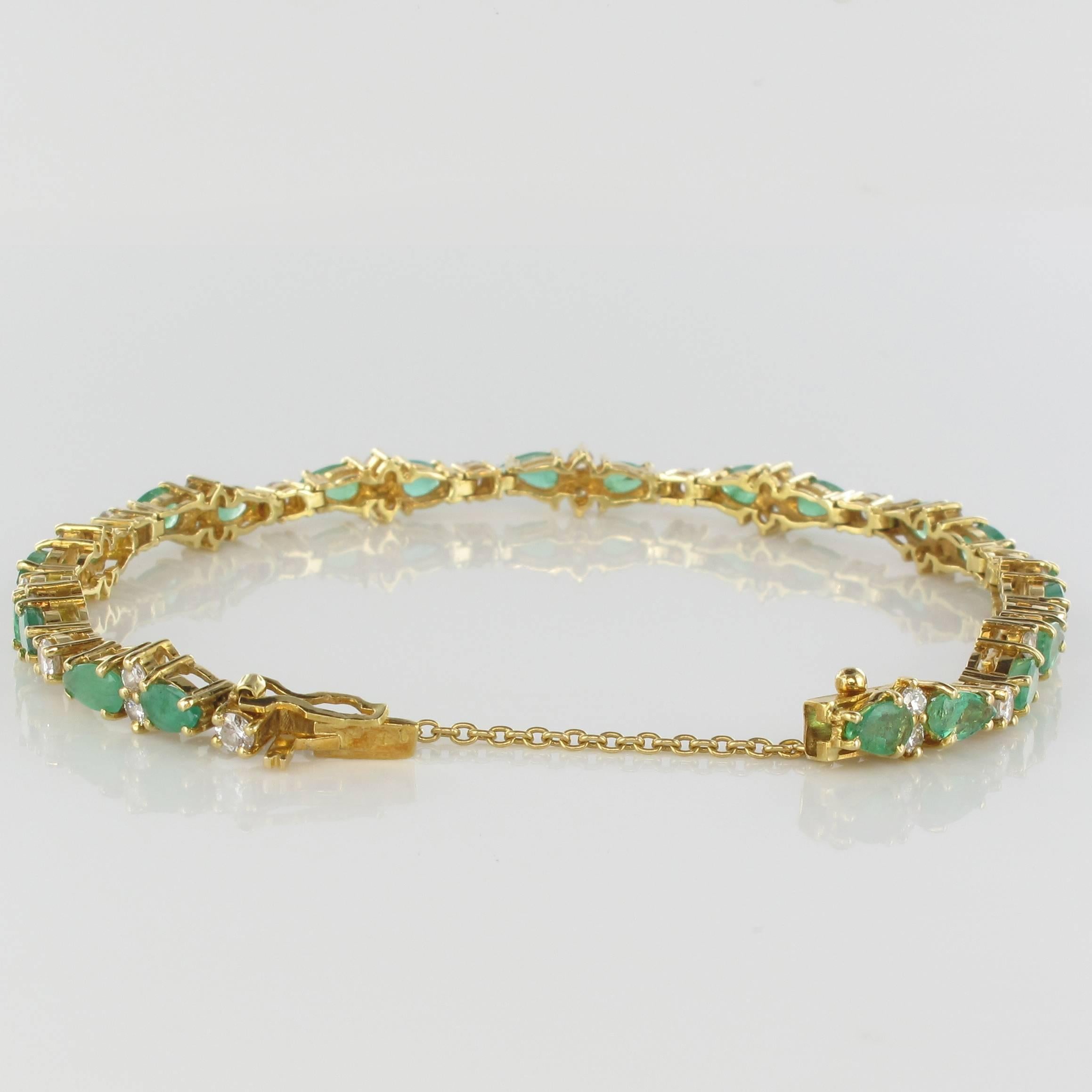 Modern 1980s 18 Carat Yellow Gold Diamonds Emeralds Tennis Bracelet