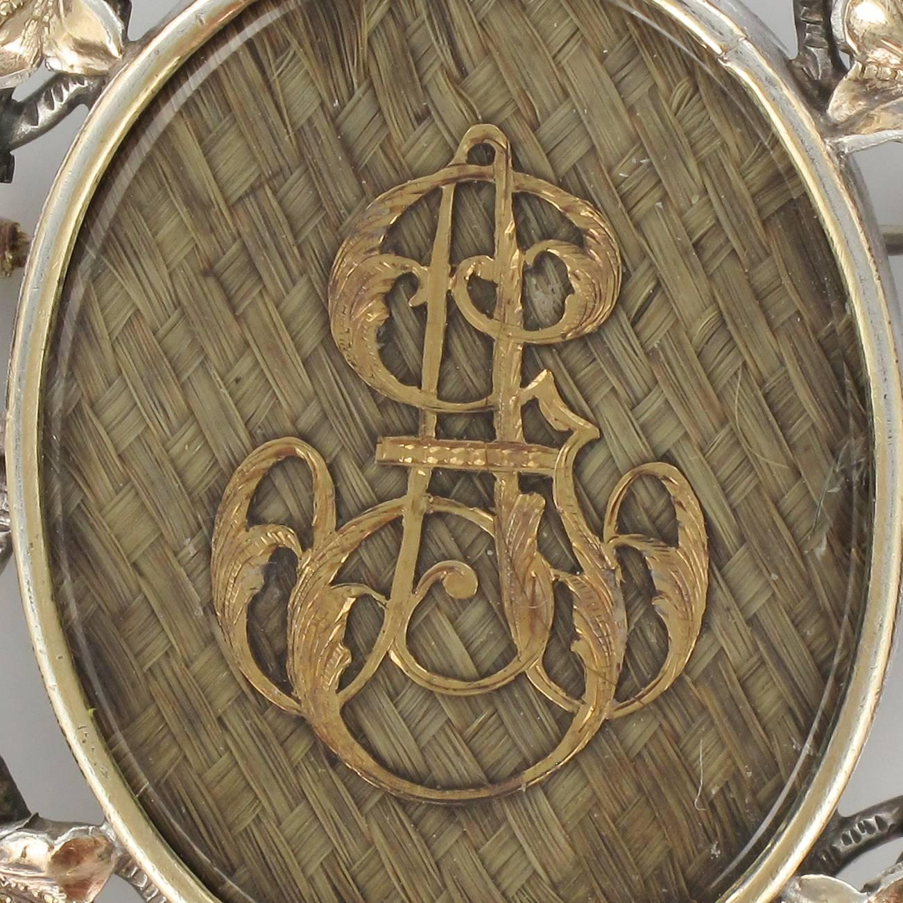 Napoleon III French 19th Century Gold Silver Hair Memory Brooch For Sale