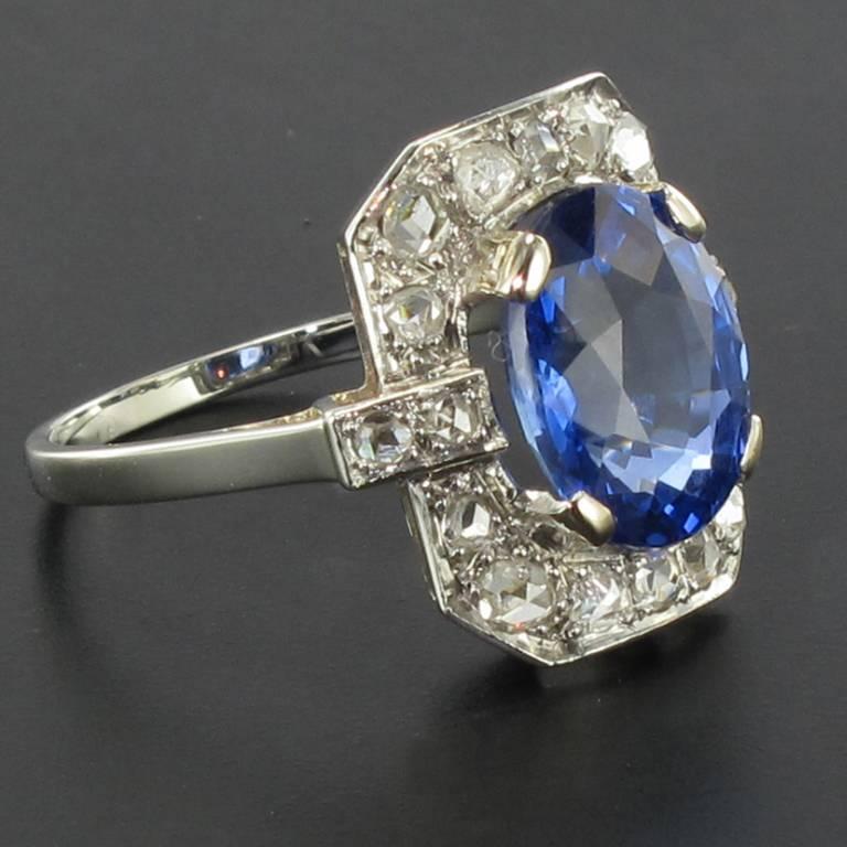 French 1925s Art Deco 4.60 Ceylon Sapphire Diamond Platinium White Gold Ring In New Condition In Poitiers, FR