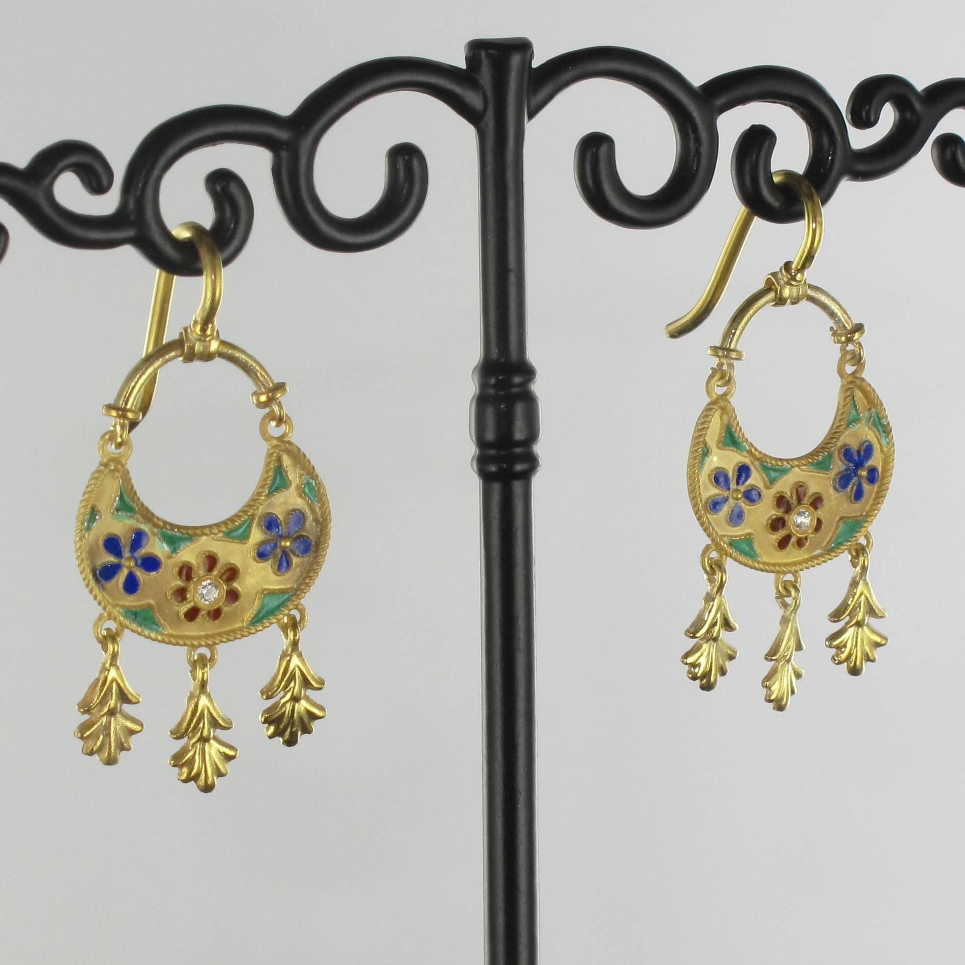 Italian Castellani Style Vermeil Enameled Dangle Earrings 2