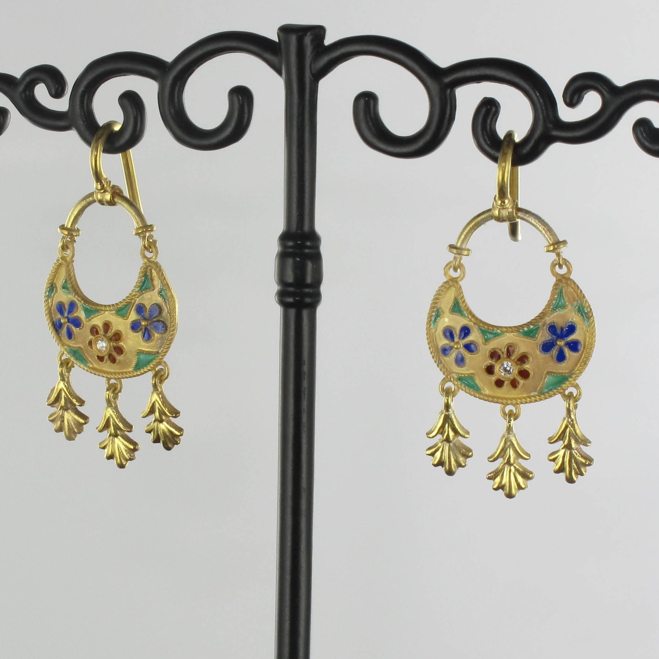 Women's Italian Castellani Style Vermeil Enameled Dangle Earrings