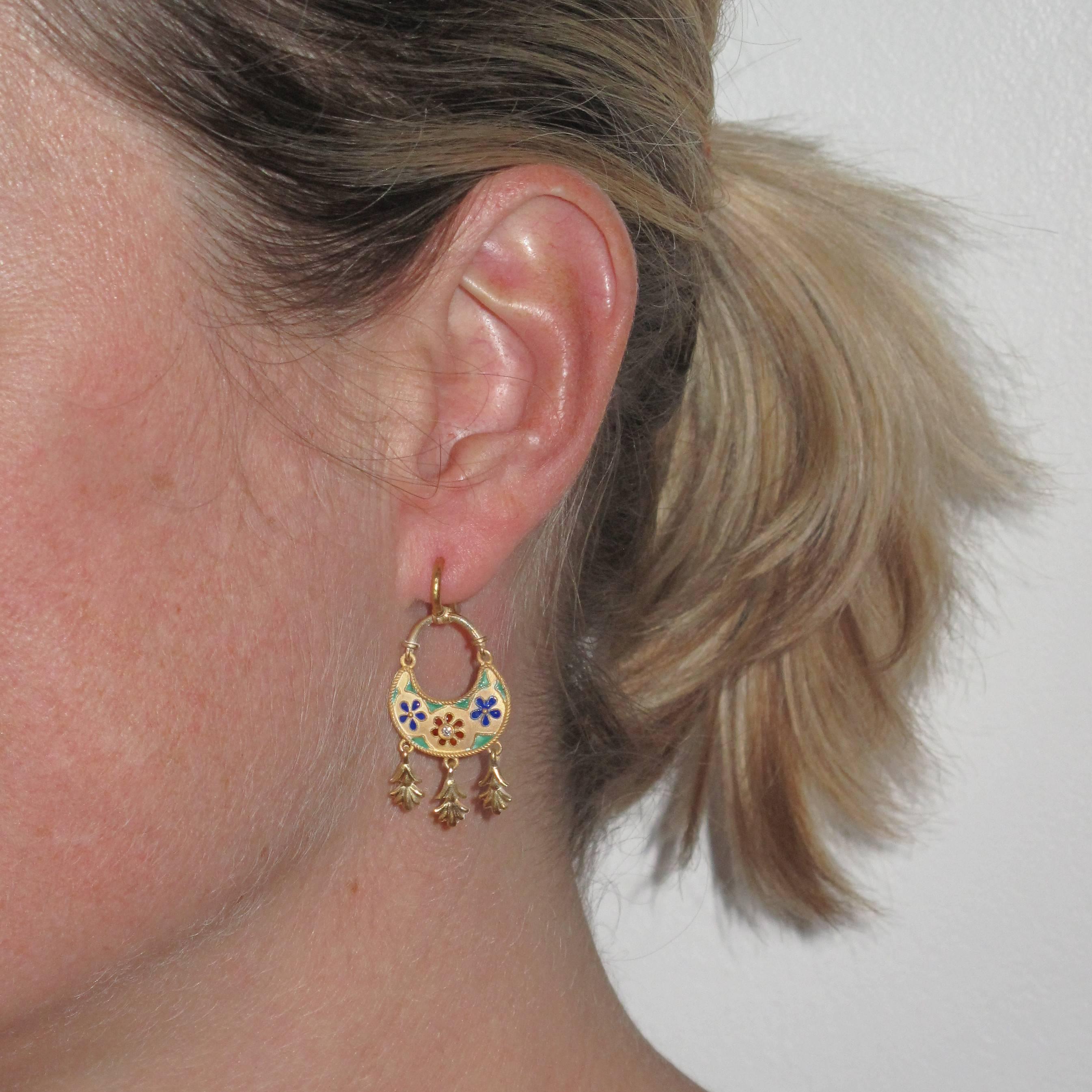 Greek Revival Italian Castellani Style Vermeil Enameled Dangle Earrings