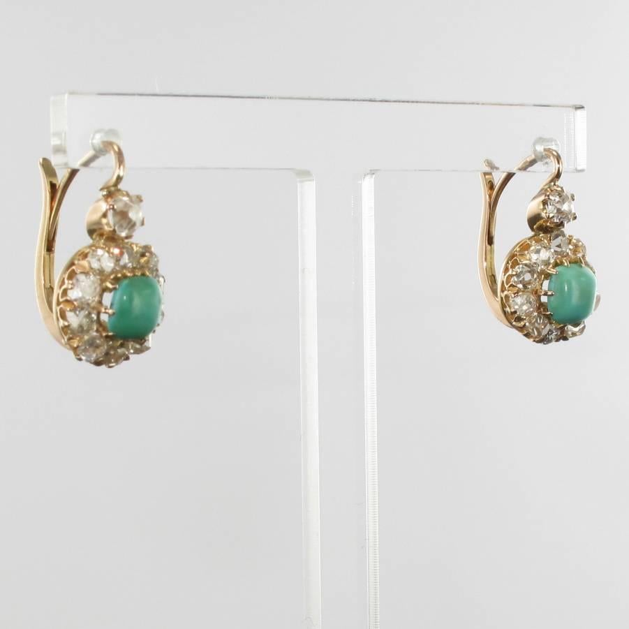 19th Century 2.20 Carat Diamond Natural Turquoise Drop Earrings In New Condition In Poitiers, FR