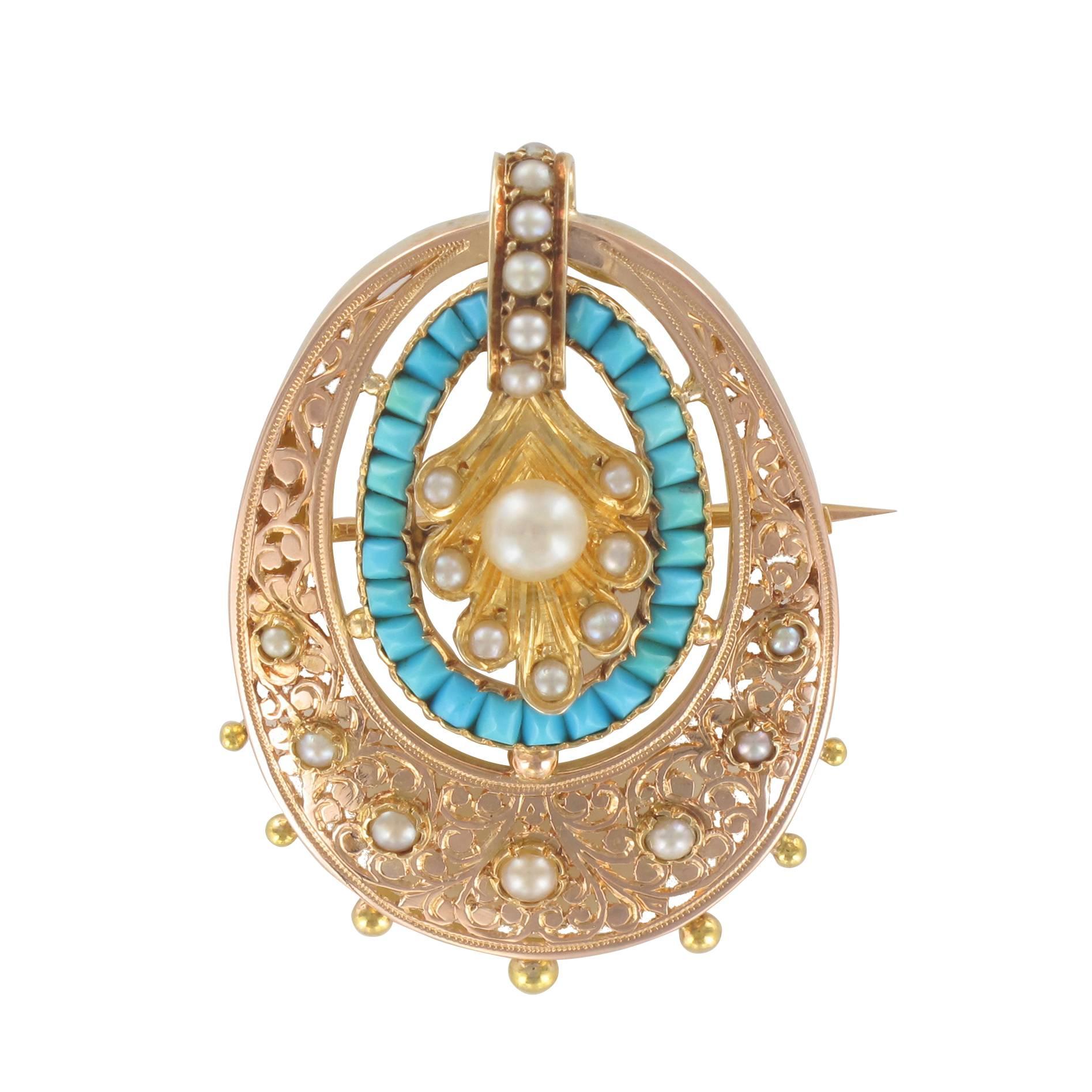 French Napoleon III Rose Gold Turquoise Natural Pearl Pendant, Brooch