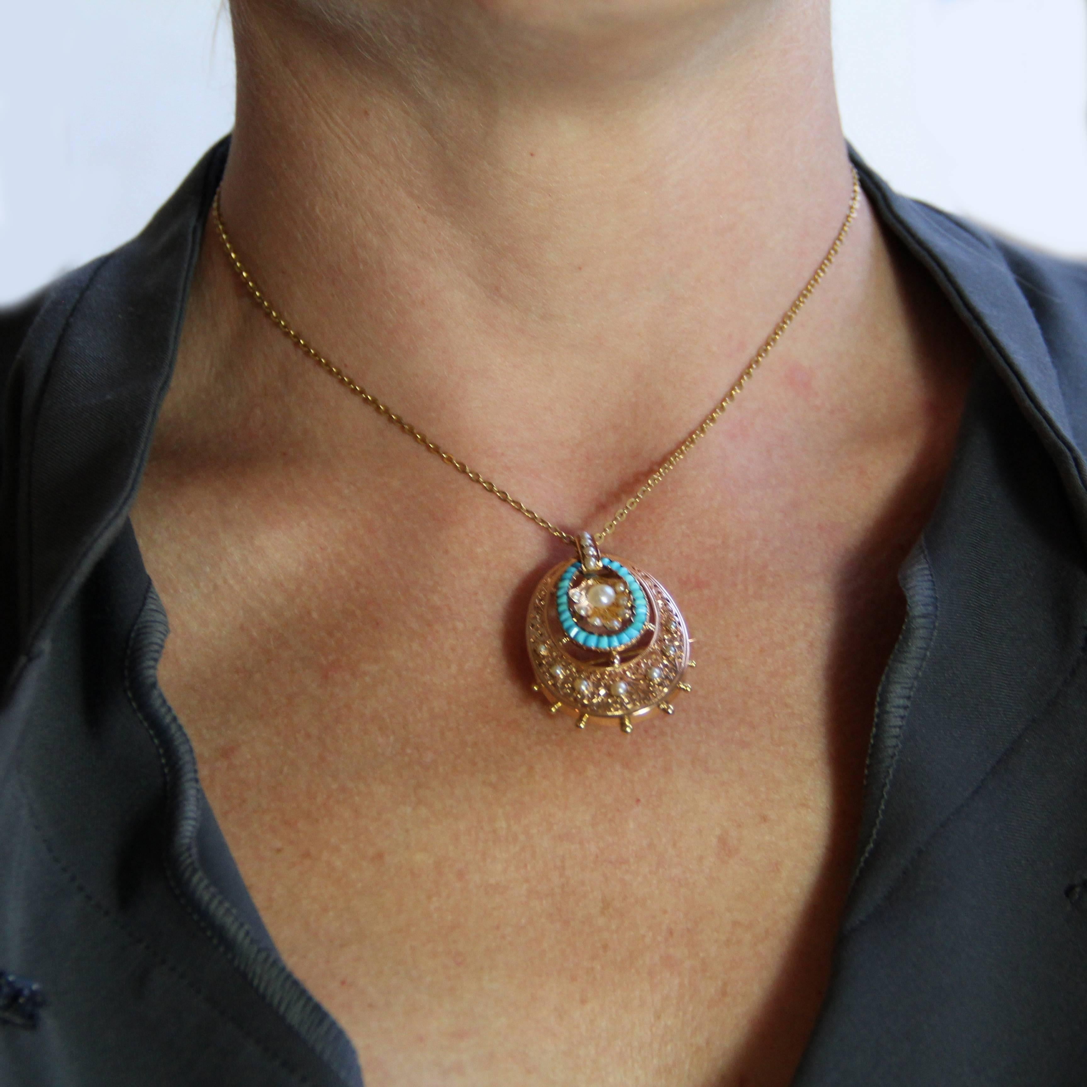 French Napoleon III Rose Gold Turquoise Natural Pearl Pendant, Brooch In Excellent Condition In Poitiers, FR