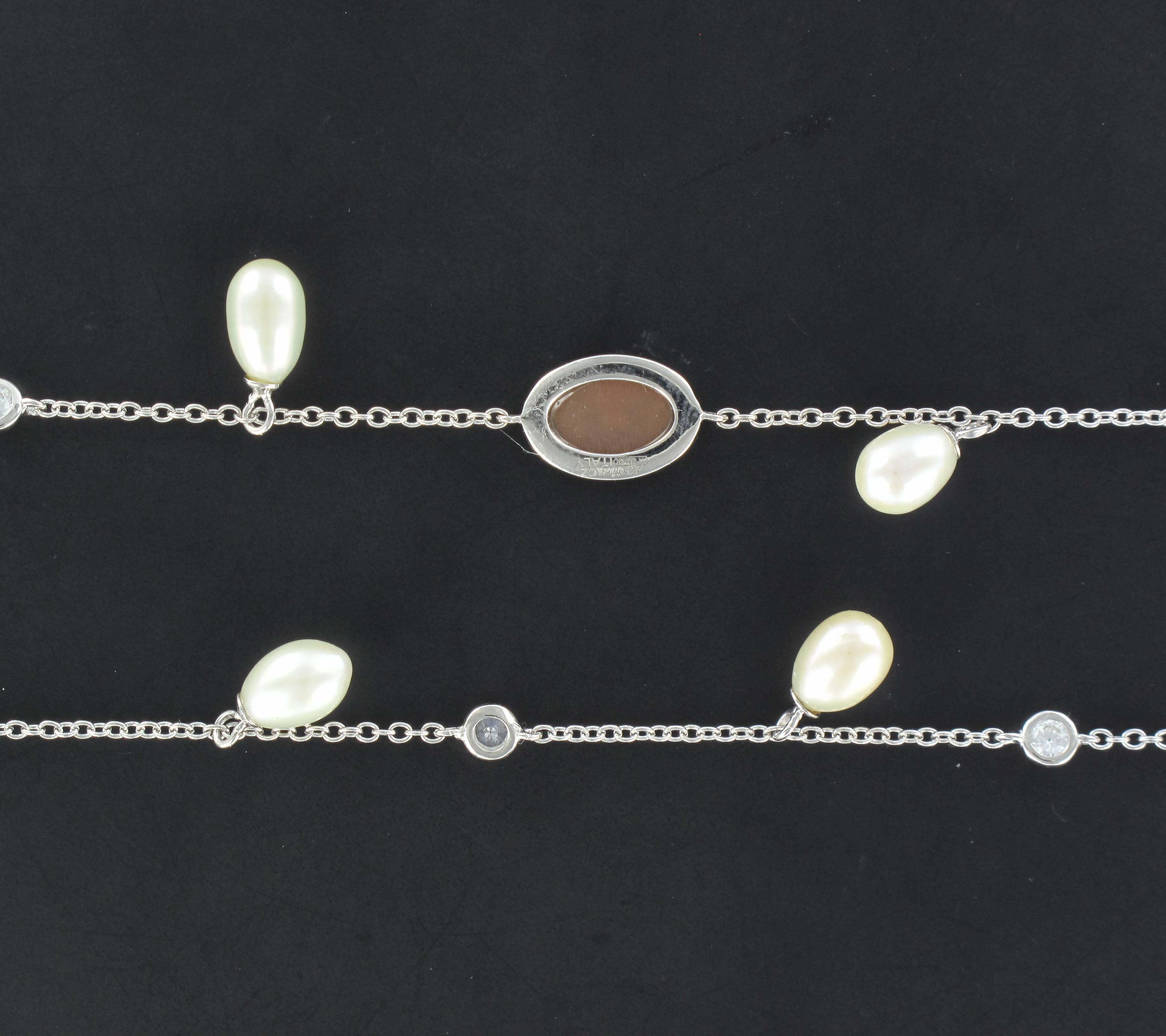 Italian White Vermeil Cultured Pearls Crystals Cameo Long Necklace 2